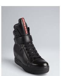 prada sport black leather oversized tongue high-top wedge sneakers|Women's Wedge Sneakers by Prada .